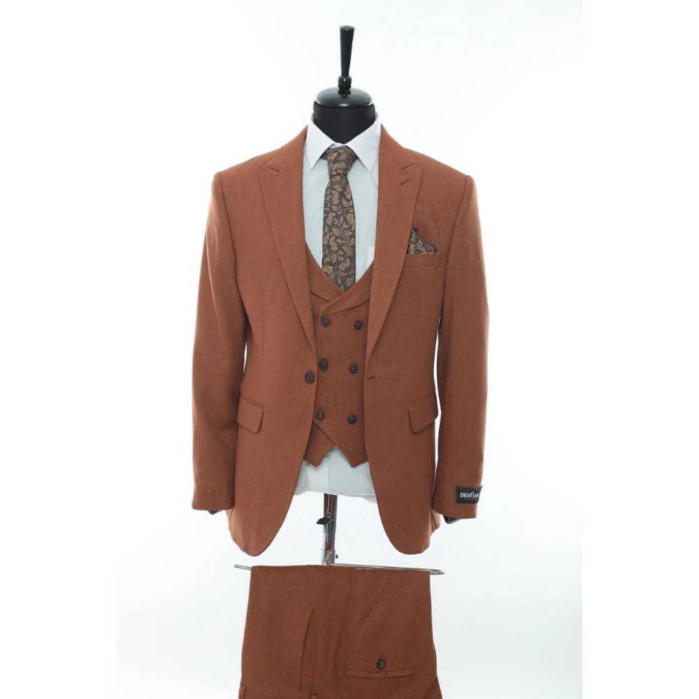 Derman Brown Patterned Fabric Luxury Suit 3 Pieces